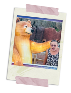 Photo of a mom with an illuminated bear lantern